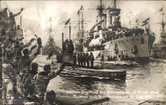 Artist Postcard Stöwer, Willy, German U Boat, Submarine, SM U 9, Welcome in Wilhelmshaven 1914