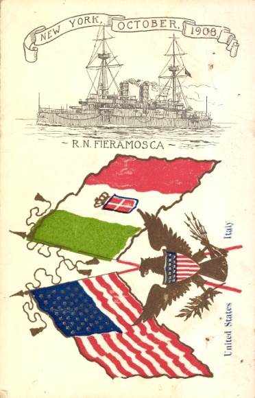 Artist Postcard Warship RN Fieramosca, New York October 1908, Flags