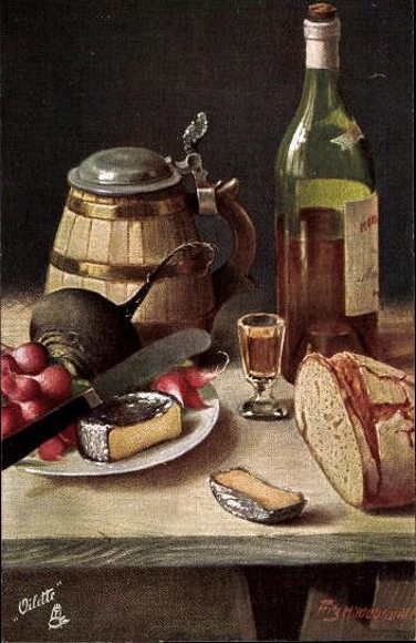 6 artist PCs in an envelope by Fritz Hildebrandt, Oilette series For tasty tongues