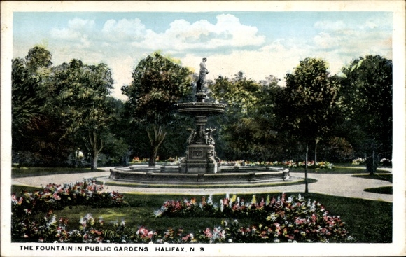 Postcard Halifax Nova Scotia Canada, fountain in public gardens, statue, flowerbeds, parkland