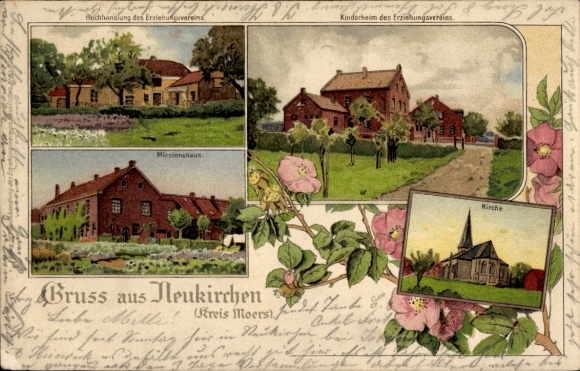 Lithograph Neukirchen-Vluyn on the Lower Rhine, Mission House, Educational Association, Bookstore, Children's Home