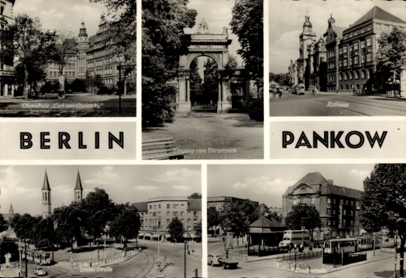 Postcard Berlin Pankow, Bürgerpark, Carl von Ossietzky High School, Breite Straße, Vinetastraße, Town Hall