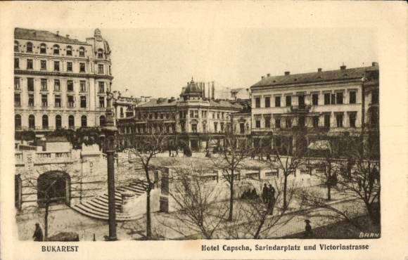 Postcard București Bucharest Romania, view of Hotel Capscha, Sarindar Square, Victoria Street