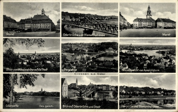 Postcard Bindow an der Oder, Crossen an der Oder district, East Brandenburg, market square, Oder bridge and Bismarckstrasse