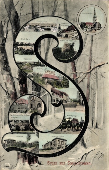 Letters Postcard Sangerhausen am Harz, partial views, church, city park, rose garden