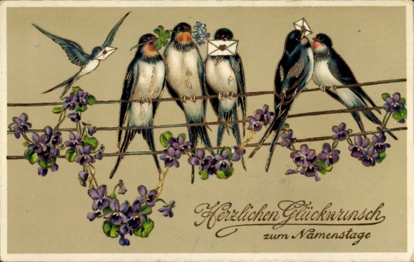 Happy name day, six swallows on a telephone line