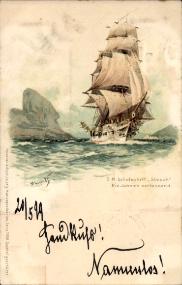 Artist's lithograph: Bohrdt, Hans, sailing training ship Stosch leaving Rio de Janeiro