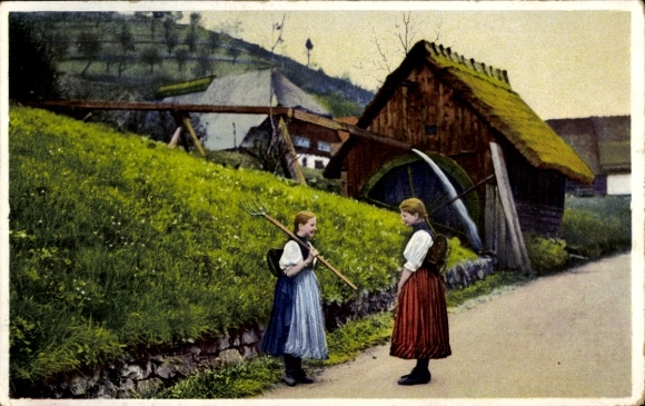 Postcard village scene, watermill, girl in traditional dress