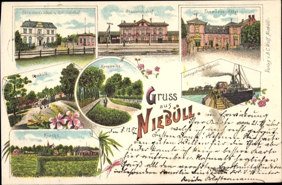 Chromo-Litho Niebüll in North Friesland, state railway station track side, Dagebüll pier, Thamsons Hotel