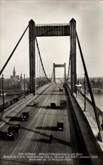 Postcard Mülheim Cologne on the Rhine, suspension bridge and the city
