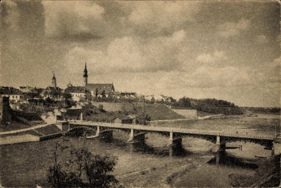 Postcard Narva Narwa Estonia, view of the old town, bridge, river, clouds