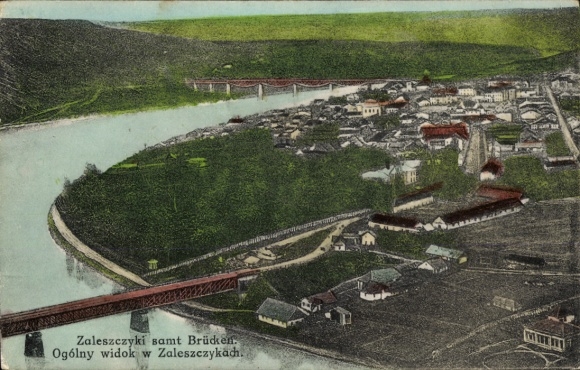 Postcard Salischchyky Zaleszczyki Ukraine, aerial view of bridges, river, cityscape