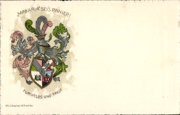 Studentika Postcard Mittweida in Saxony, Corps Makaria, coat of arms