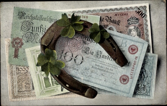 Postcard banknotes, horseshoes, clovers