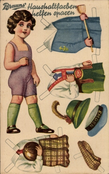 Postcard dress-up doll, advertising Braun's household paints help save, girl, sailor shirt, Emden
