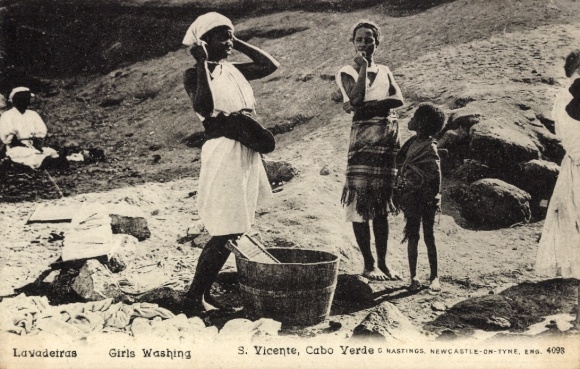 Postcard São Vicente Cabo Verde Cape Verde, woman washing clothes, child