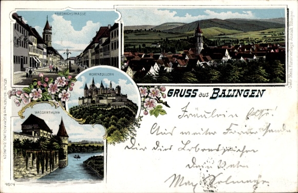 Lithograph Balingen in the Zollernalb district, Hohenzollern Castle, Friedrichstrasse, water tower, general view