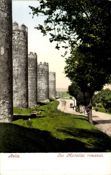 Postcard Avila Castile and Leon, city wall of trees, path, people