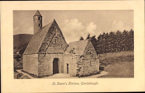 Postcard Glendalough Co. Wicklow Ireland, St. Kevin's Kitchen, s building, stone construction