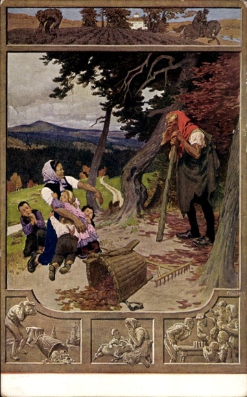 Artist Postcard Hey, Paul, Rübezahl, mother with children is frightened