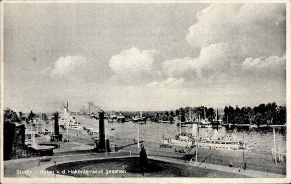 Postcard Szczecin Stettin Pomerania, Stettin Port, ships, Hakenterrasse, water, clouds
