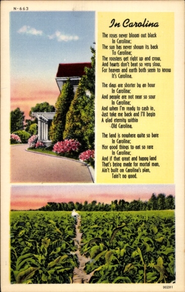 South Carolina USA, in Carolina, plantation, tobacco field, poem