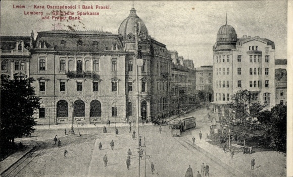 Postcard Lwiw Lwów Lemberg Léopol Ukraine, Lwów Kasa Oszczędności, Bank Praski, Sparkasse, Prier Bank,