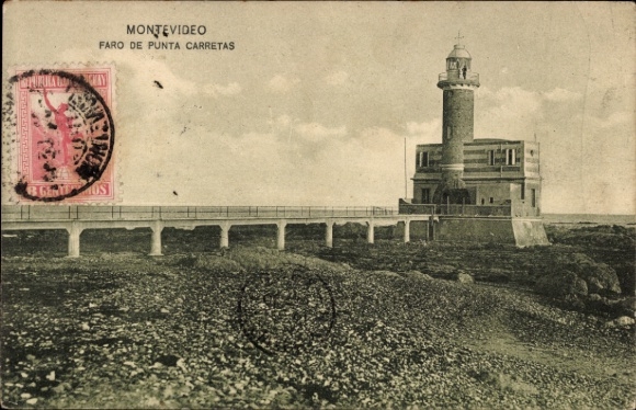 PC Montevideo Uruguay, lighthouse, Punta Carretas, postmark, pink stamp