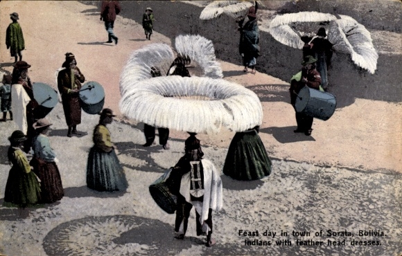 Postcard Sorata Bolivia, festival, Indians with feather headdress
