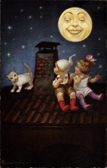 Artist Postcard Colombo, E., Lovemaking, Two children are surprised by a cat on a roof, Moon