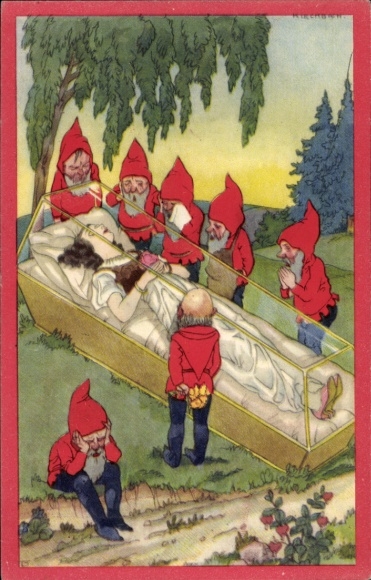 Artist Postcard Kirchbach, Snow White in the coffin and sad dwarves