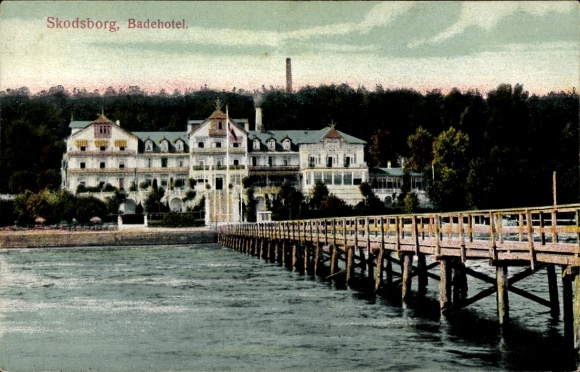 Postcard Skodsborg Denmark, seaside hotel, pier, water,