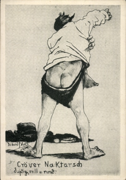 Artist Postcard Cröver, naked ass, fragrant, full and round, wine, man, bare buttocks