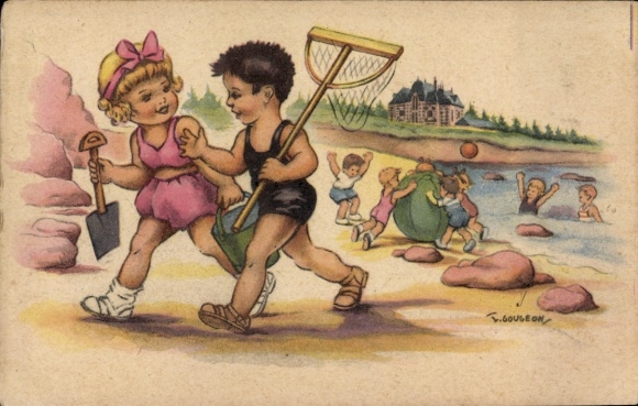 Artist Postcard Gougeon, T., Children on the beach, shovel, water polo ball