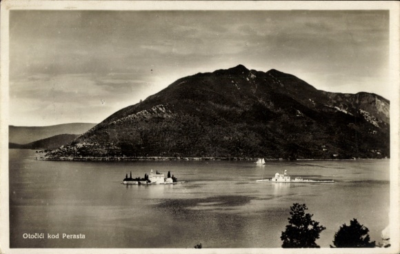 Postcard Perast Perasto Montenegro, view of islands, water, mountains, black and white photography