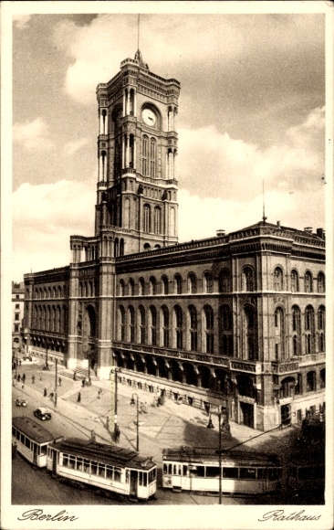 Postcard Berlin Mitte, Town Hall, Trams