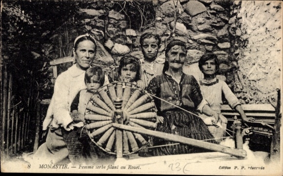 Postcard Bitola Monastir Macedonia, Serbian woman spinning a spinning wheel