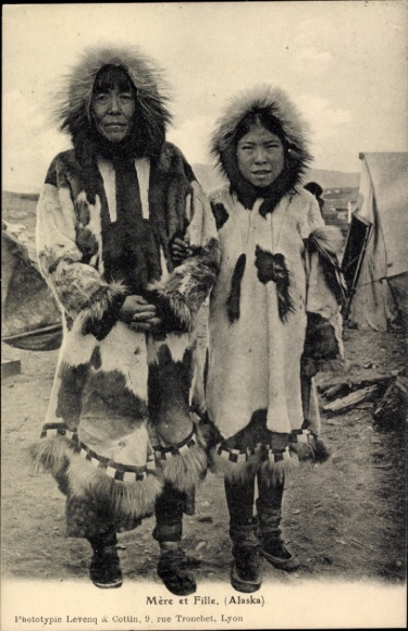 Alaska USA, mother and daughter in fur coats