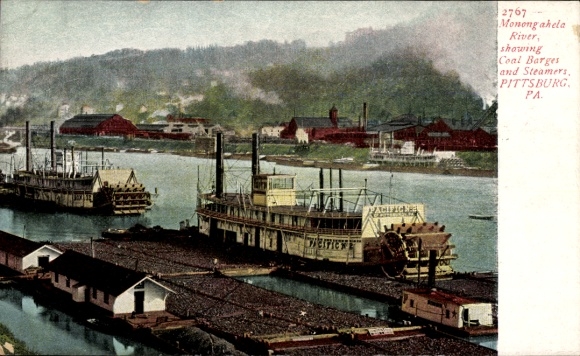 Postcard Pittsburgh Pennsylvania USA, Monongahela River, Coal Barges and Steamers