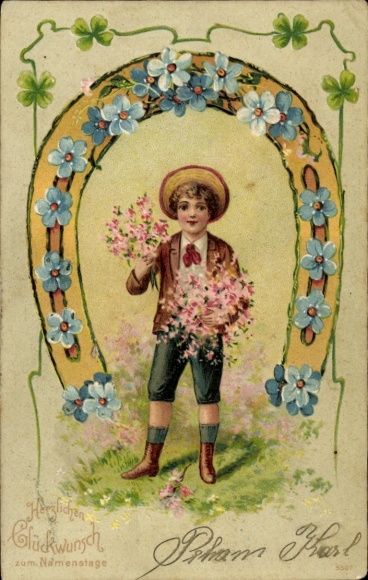 Embosser lithograph congratulations name day, clover, boy with flowers