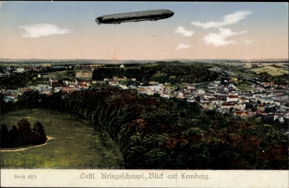 Postcard Lwów Lemberg Ukraine, Panorama, Airship, Zeppelin