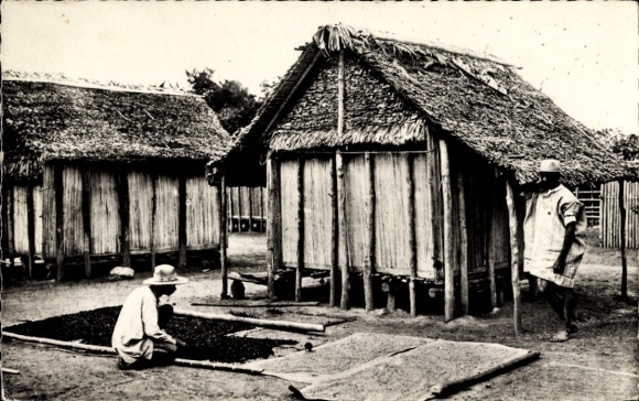 Postcard Madagascar Madagascar, farmers in the village, drying rice and coffee