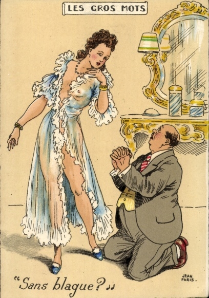 Artist Postcard Les gros Mots, Sans blague, Woman in Negligee, Breasts, Legs, Kneeling Client