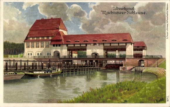 Lithograph of Kleinmachnow in Brandenburg, Teltow Canal, Machnow Lock