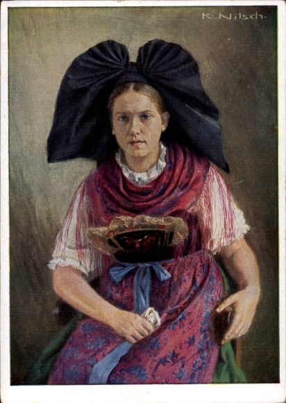 Artist Postcard Nitsch, R., Woman in Alsatian costume, VDA