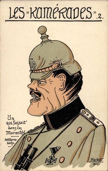 Artist Postcard Herbst, The Comrades, French caricature of a German artilleryman, 1915