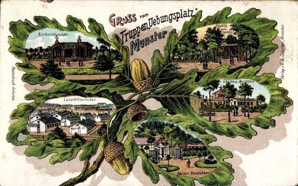 Lithograph of Munster in the Heidekreis district, Munsterlager military training area, oak leaf, barracks