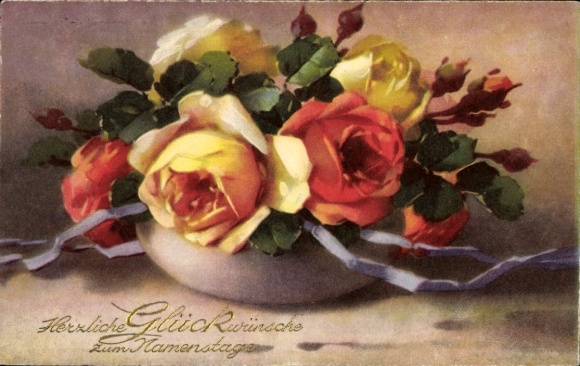 Postcard Heartfelt congratulations on your name day, rose bowl