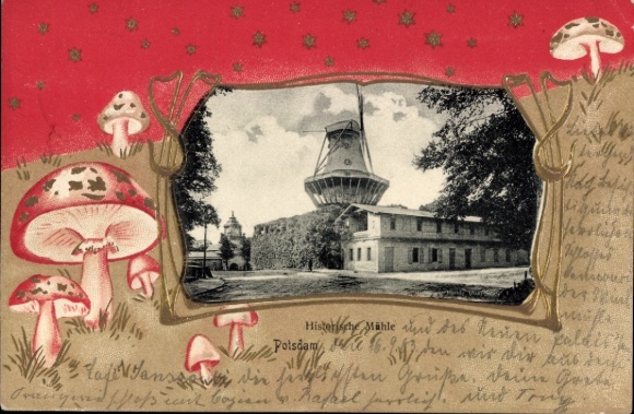 Embossed Passepartout Postcard Potsdam, Historic Mill, Mushrooms
