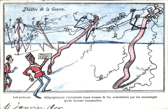 Artist Postcard Boer War,The telegraph poles tear out their wire hair in anger over lying dispatches